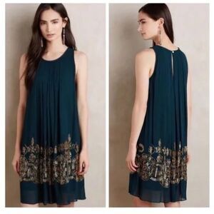 Anthropologie Pallavi Mohan Not So Serious Brenta Beaded Swing Dress Green Sz 4
